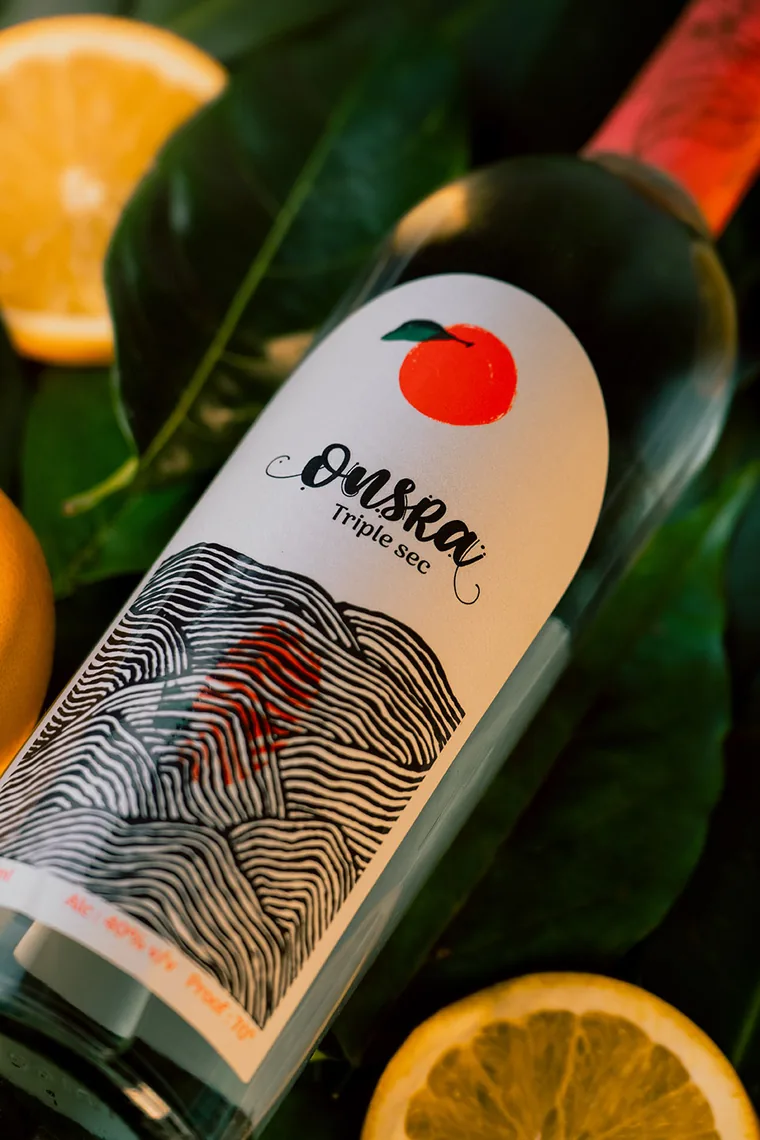 Close-up of the Onsra Triple Sec label on the bottle