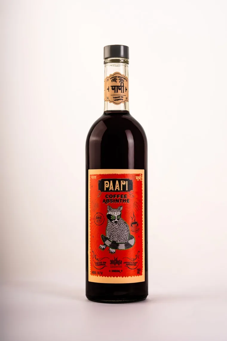A bottle of Paapi Coffee Absinthe against a white background